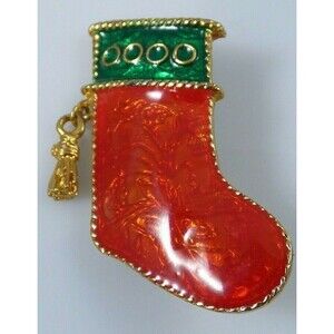 Christmas Stocking Brooch Pin Red Green Enamel Gold Tone Signed CIO Vintage